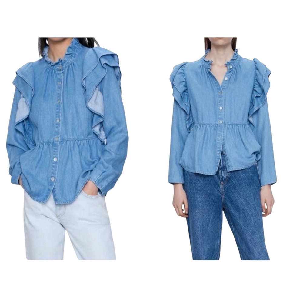 Zara Denim Blouse With Ruffles Lyocell/Linen Blend Sz Medium